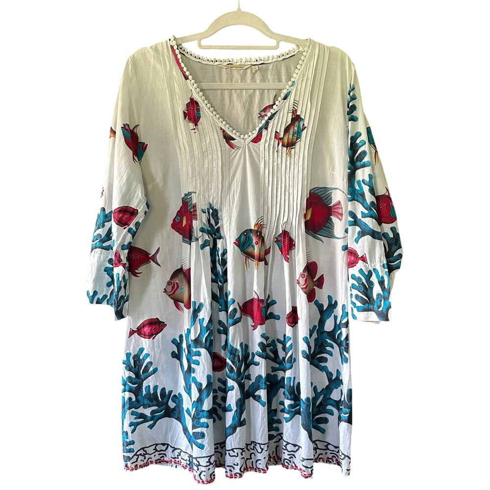 Soft Surroundings Beach Cover Up M Blouse Seychelles Tunic Fish Coral with flaws